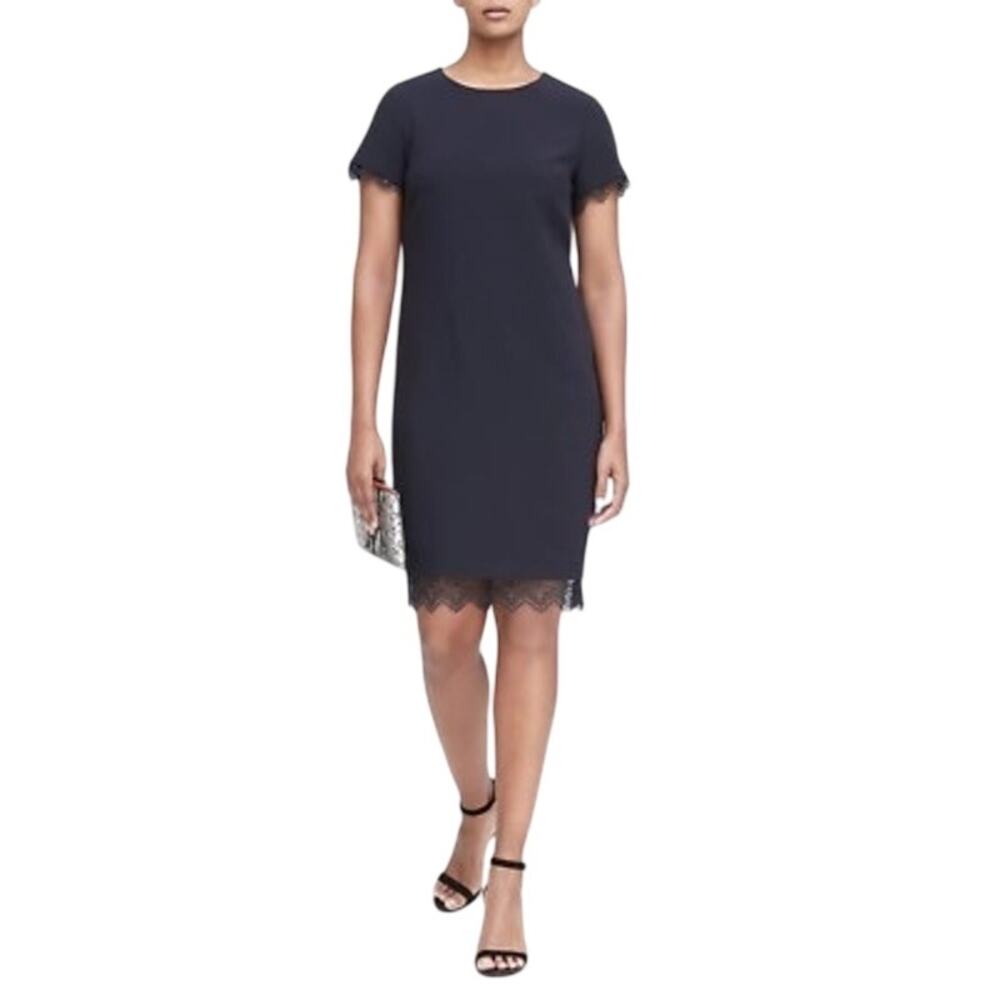 Banana Republic Lace Trim Short Sleeve Sheath Dress Size 4 Navy